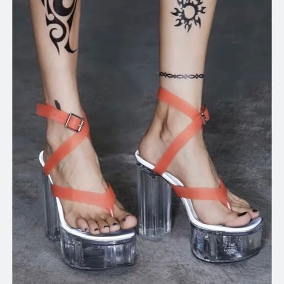 Dollskill darker waves kick drum platform heels neon orange strappy 6M - Picture 2 of 7